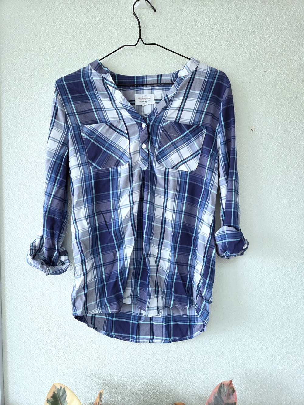Weatherproof Blue Plaid Button-Down Roll-Sleeve Shirt